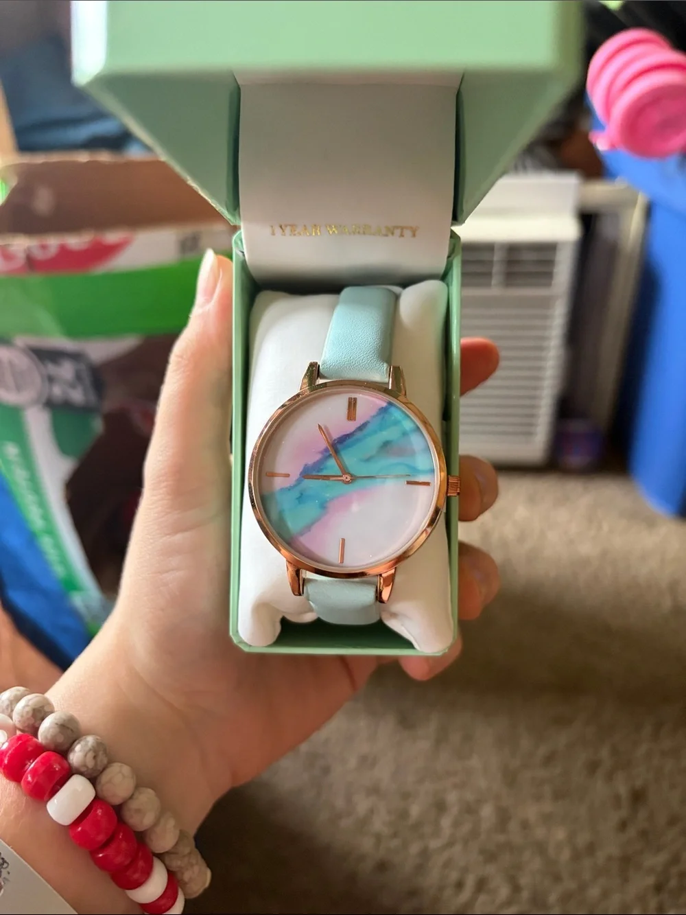 Geneva Rose Gold Watch with Mint Strap and Pastel Marble Dial